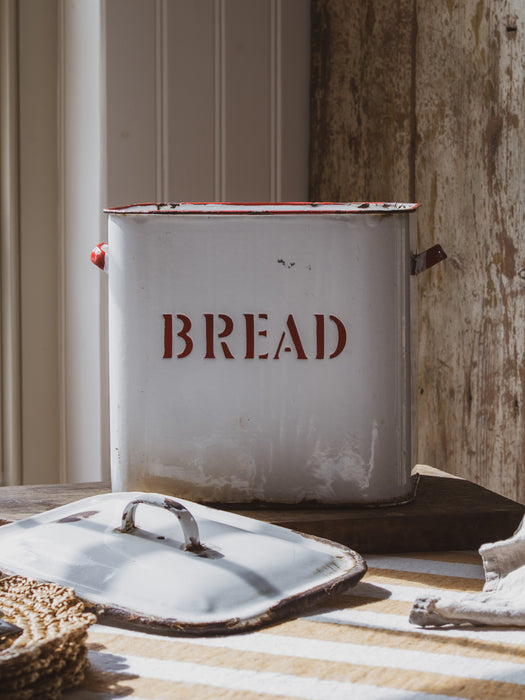 Vintage Large Rectangular White & Red Enamel Bread Bin