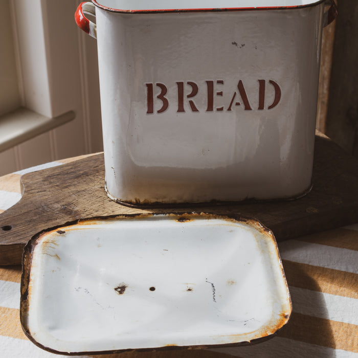 Vintage Large Rectangular White & Red Enamel Bread Bin