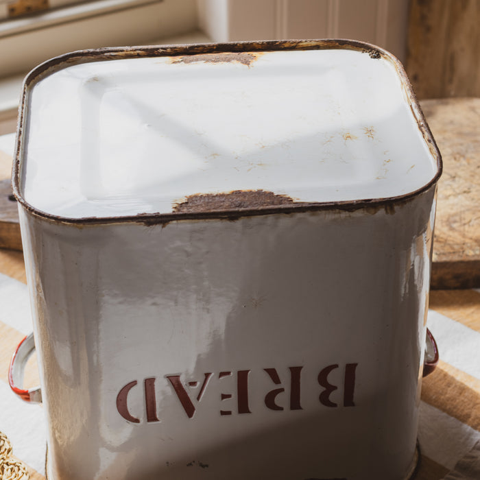 Vintage Large Rectangular White & Red Enamel Bread Bin