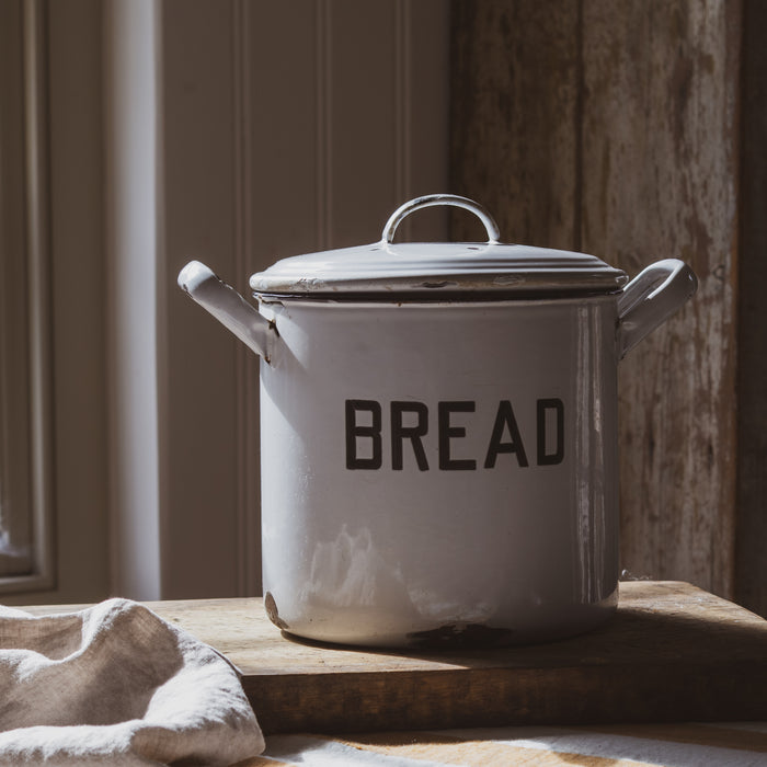 Vintage Medium Round White & Black Enamel Bread Bin