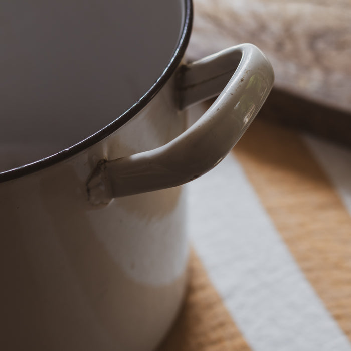 Vintage Medium Round White & Black Enamel Bread Bin