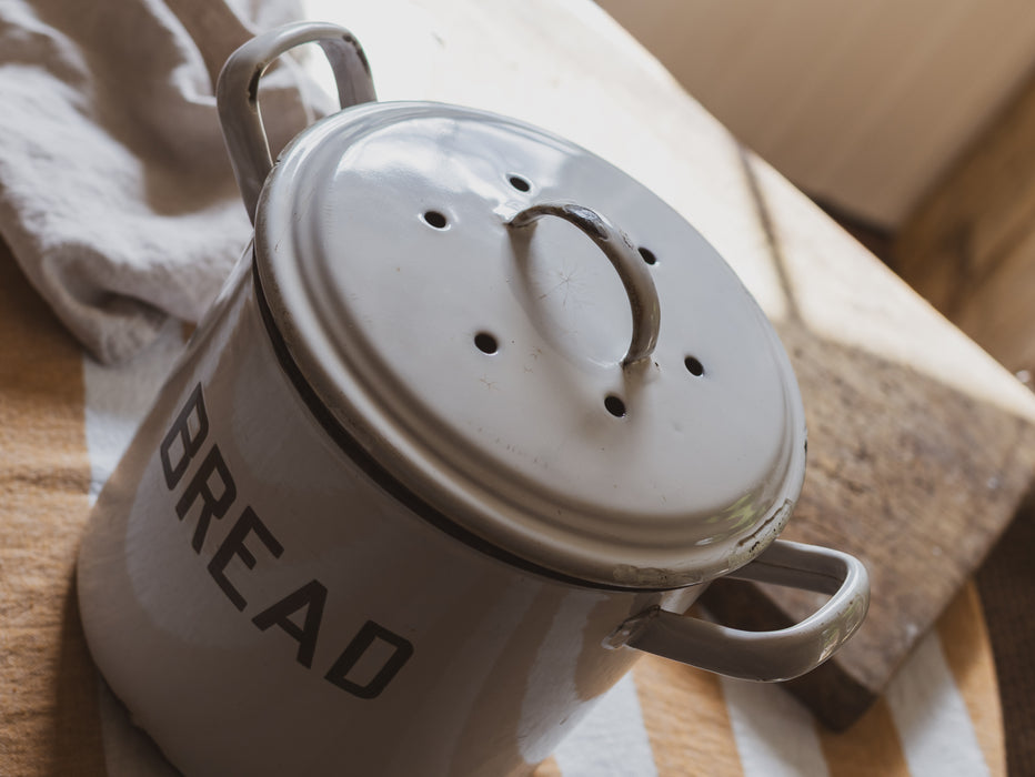 Vintage Medium Round White & Black Enamel Bread Bin