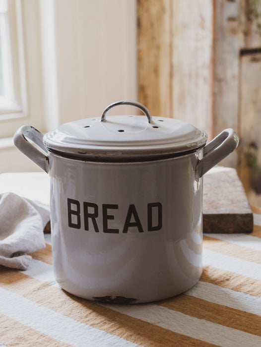 Vintage Medium Round White & Black Enamel Bread Bin