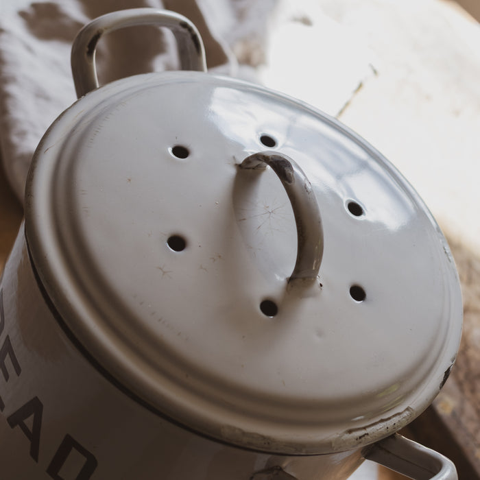 Vintage Medium Round White & Black Enamel Bread Bin