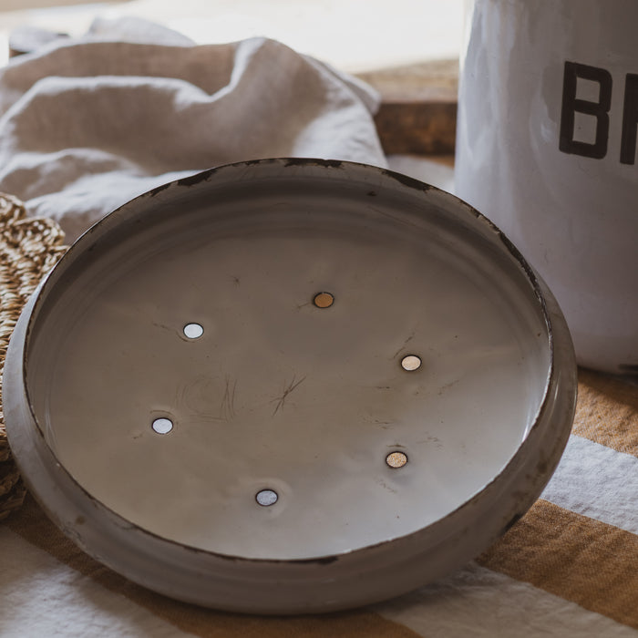 Vintage Medium Round White & Black Enamel Bread Bin