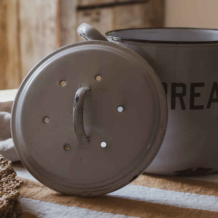 Vintage Medium Round White & Black Enamel Bread Bin