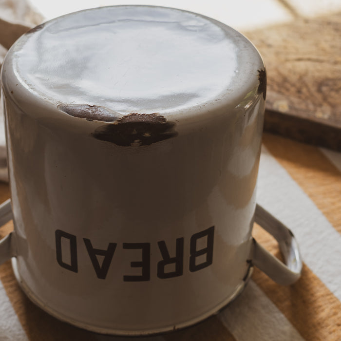 Vintage Medium Round White & Black Enamel Bread Bin