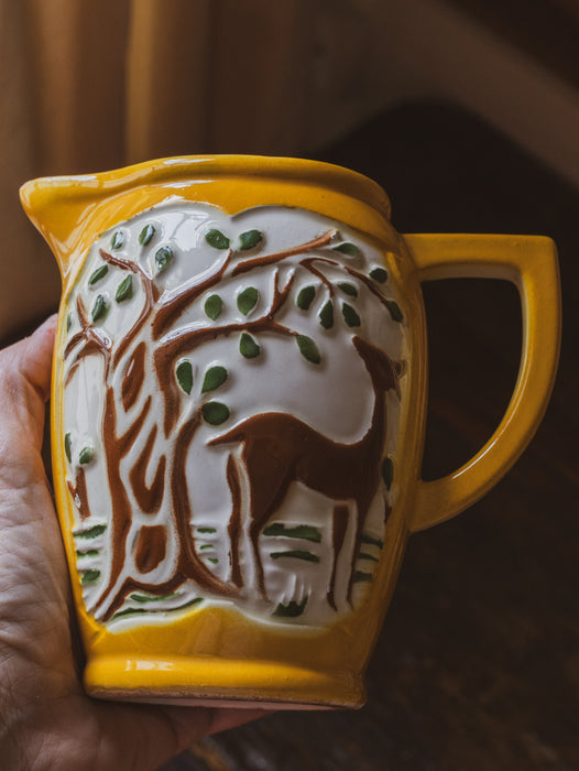Art Deco Style Yellow Beaked Jug with Inset Tree and Deer Pattern