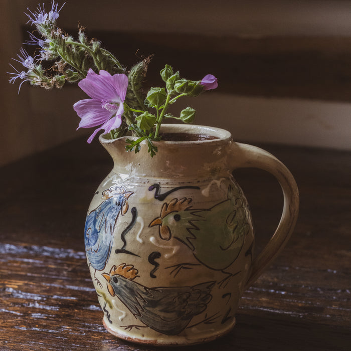Vintage Small Studio Pottery Jug with Adorable Glazed Chicken Design