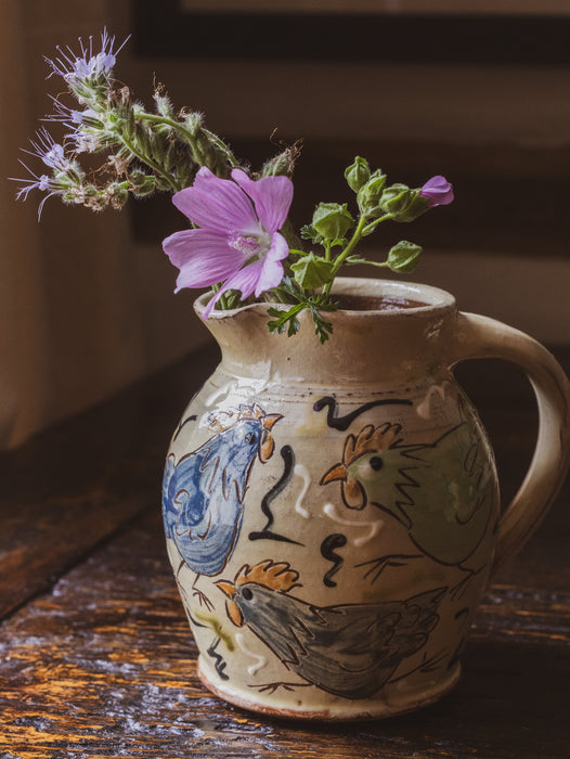 Vintage Small Studio Pottery Jug with Adorable Glazed Chicken Design