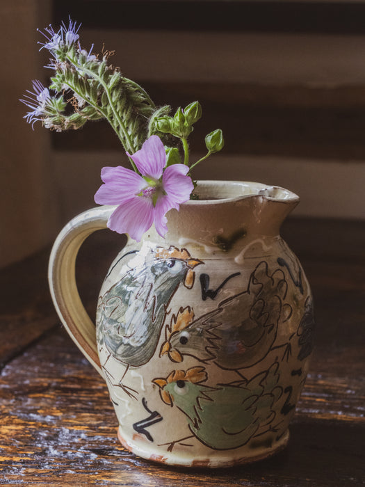 Vintage Small Studio Pottery Jug with Adorable Glazed Chicken Design