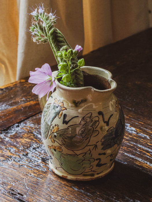 Vintage Small Studio Pottery Jug with Adorable Glazed Chicken Design