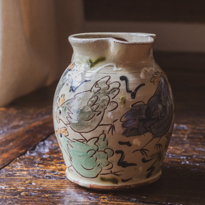Vintage Small Studio Pottery Jug with Adorable Glazed Chicken Design