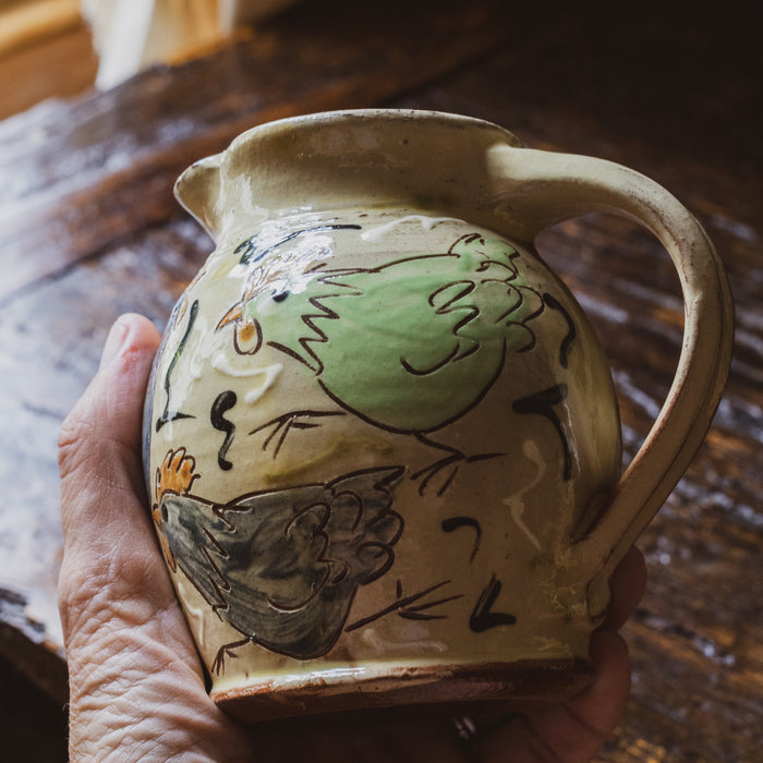Vintage Small Studio Pottery Jug with Adorable Glazed Chicken Design