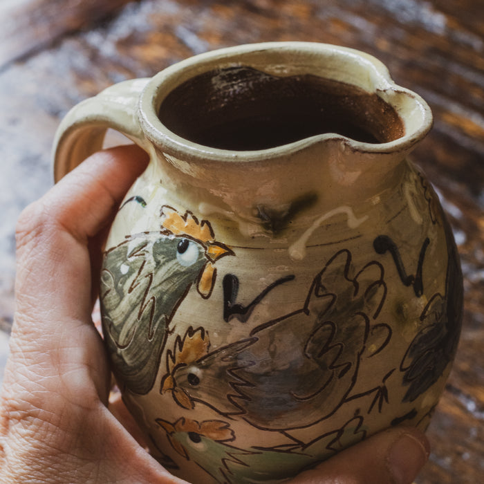 Vintage Small Studio Pottery Jug with Adorable Glazed Chicken Design