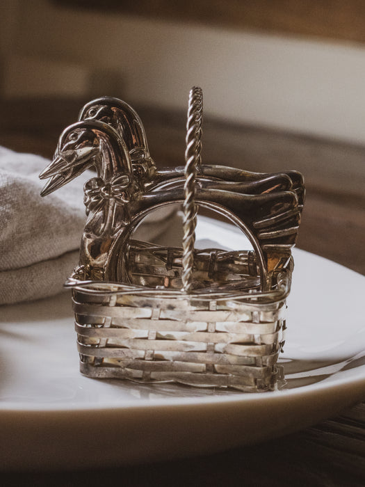 Vintage Silver-Plated 4 Geese Napkin Rings in a Basket / Price is for Both Sets of 4