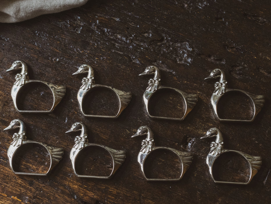 Vintage Silver-Plated 4 Geese Napkin Rings in a Basket / Price is for Both Sets of 4