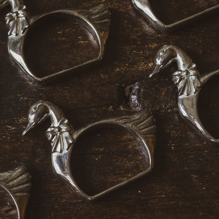 Vintage Silver-Plated 4 Geese Napkin Rings in a Basket / Price is for Both Sets of 4