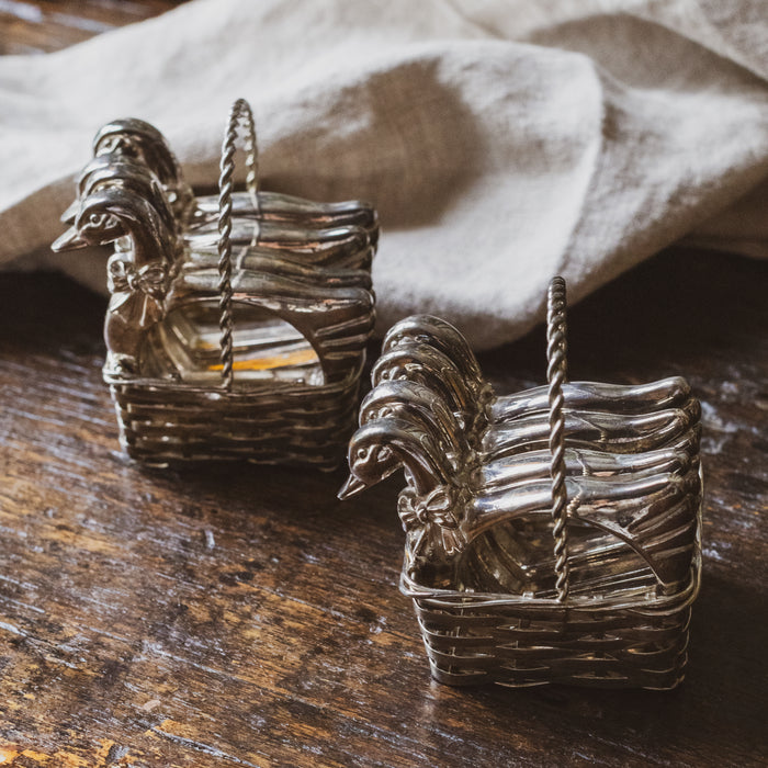 Vintage Silver-Plated 4 Geese Napkin Rings in a Basket / Price is for Both Sets of 4