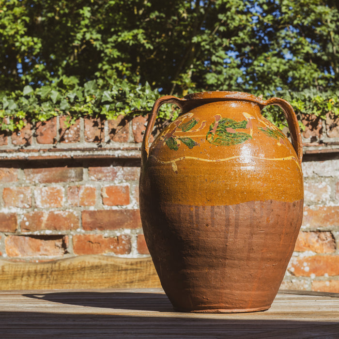Large Eastern European Peasant Pot 1 - Part Glazed Ochre & Green
