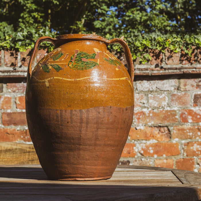 Large Eastern European Peasant Pot 1 - Part Glazed Ochre & Green