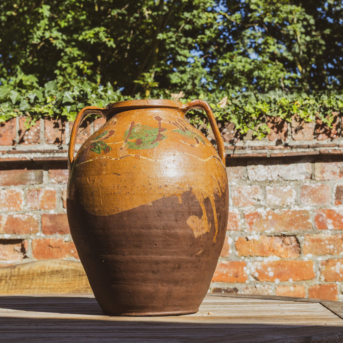 Large Eastern European Peasant Pot 1 - Part Glazed Ochre & Green
