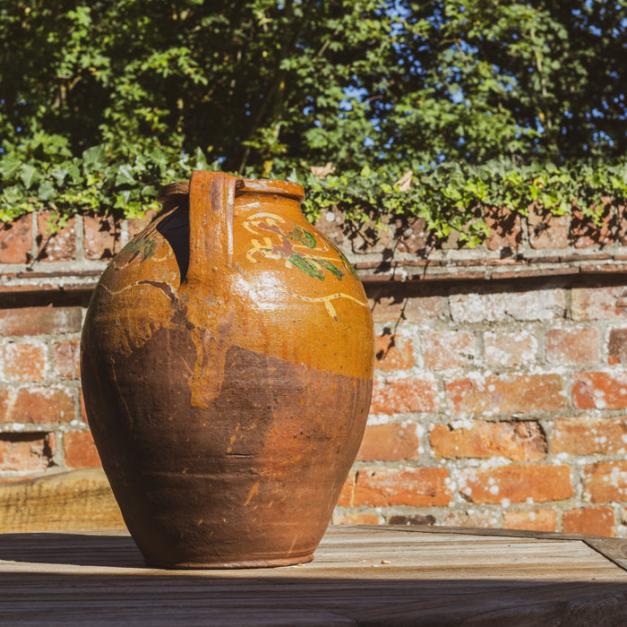 Large Eastern European Peasant Pot 1 - Part Glazed Ochre & Green