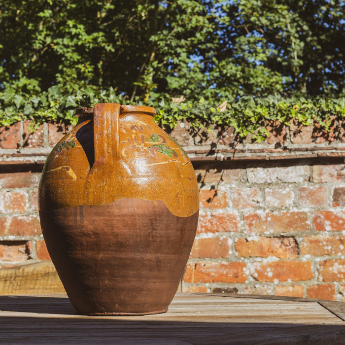 Large Eastern European Peasant Pot 1 - Part Glazed Ochre & Green