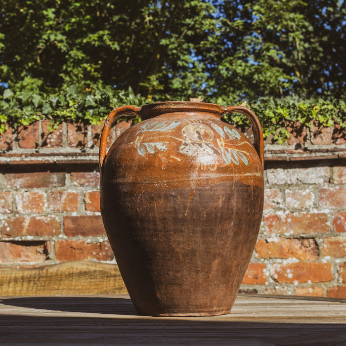 Large Eastern European Peasant Pot 2 - Part Glazed Brown & Pale Blue