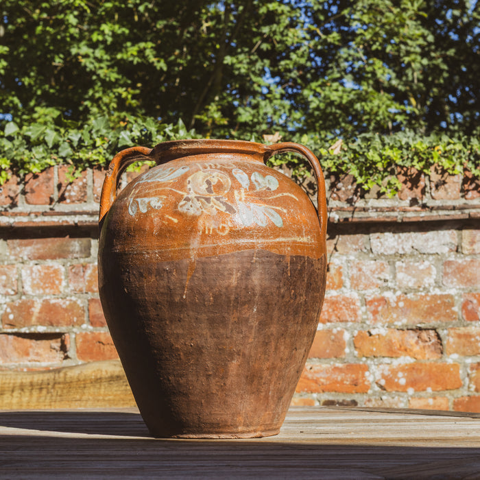 Large Eastern European Peasant Pot 2 - Part Glazed Brown & Pale Blue