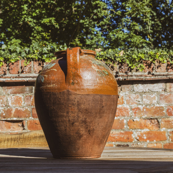 Large Eastern European Peasant Pot 2 - Part Glazed Brown & Pale Blue