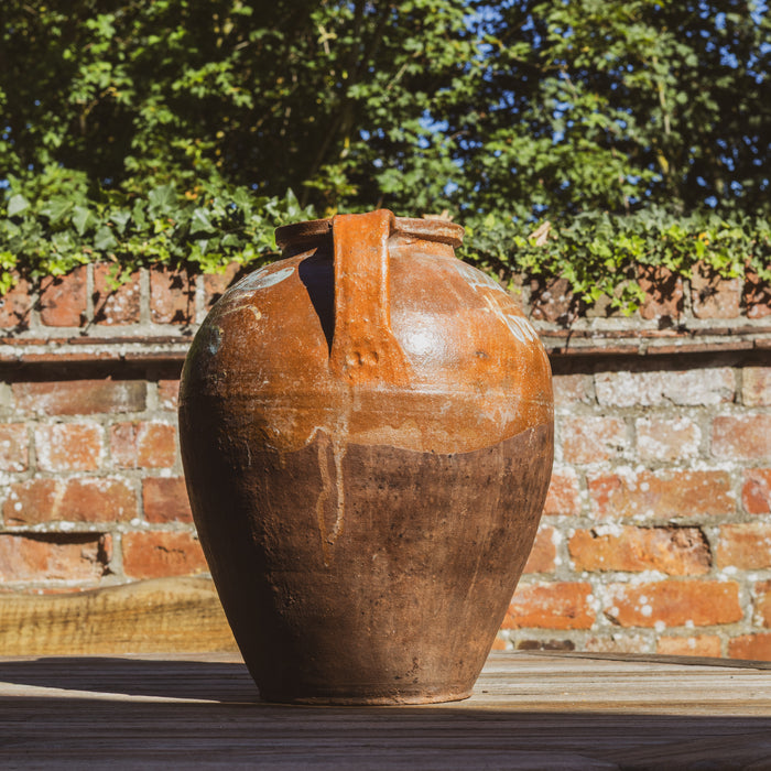 Large Eastern European Peasant Pot 2 - Part Glazed Brown & Pale Blue