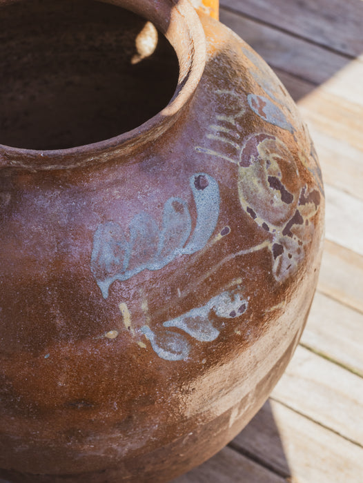 Large Eastern European Peasant Pot 2 - Part Glazed Brown & Pale Blue