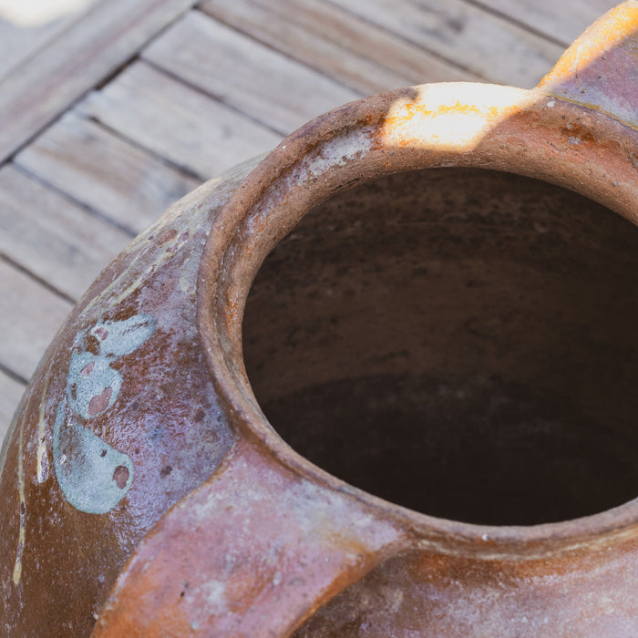 Large Eastern European Peasant Pot 2 - Part Glazed Brown & Pale Blue