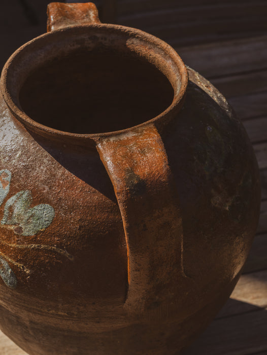 Large Eastern European Peasant Pot 2 - Part Glazed Brown & Pale Blue