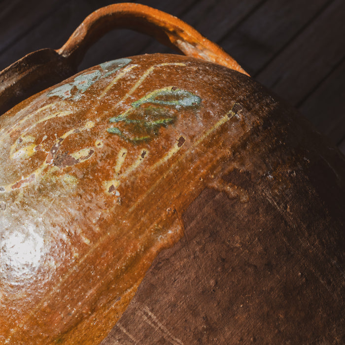 Large Eastern European Peasant Pot 2 - Part Glazed Brown & Pale Blue
