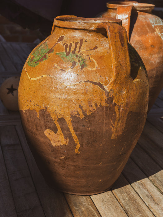 Large Eastern European Peasant Pot 1 - Part Glazed Ochre & Green