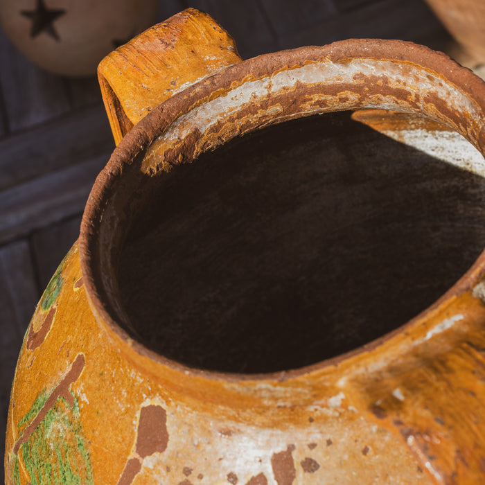 Large Eastern European Peasant Pot 1 - Part Glazed Ochre & Green