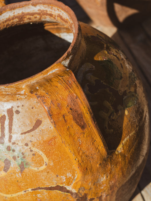 Large Eastern European Peasant Pot 1 - Part Glazed Ochre & Green