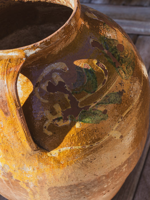 Large Eastern European Peasant Pot 1 - Part Glazed Ochre & Green