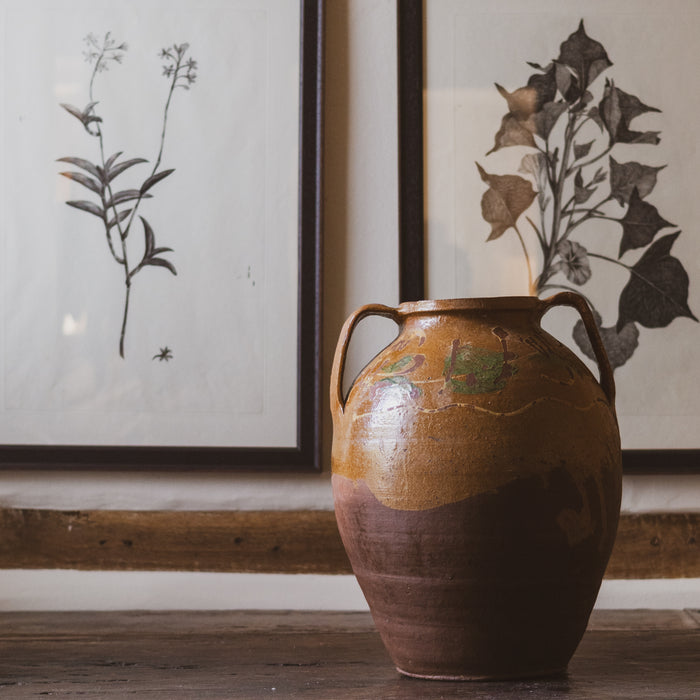 Large Eastern European Peasant Pot 1 - Part Glazed Ochre & Green