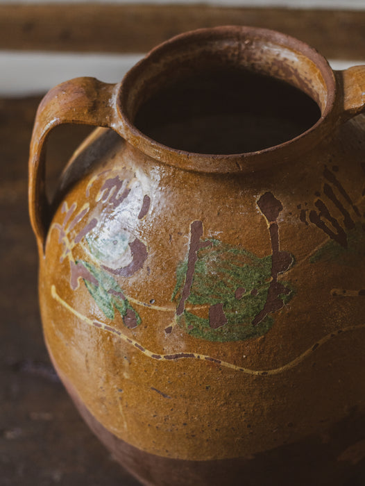 Large Eastern European Peasant Pot 1 - Part Glazed Ochre & Green