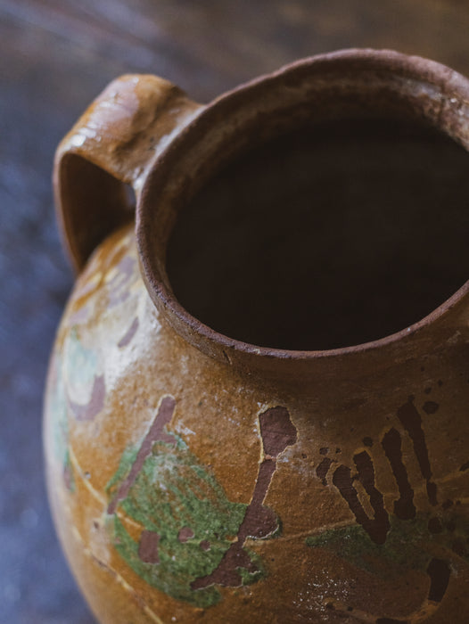 Large Eastern European Peasant Pot 1 - Part Glazed Ochre & Green