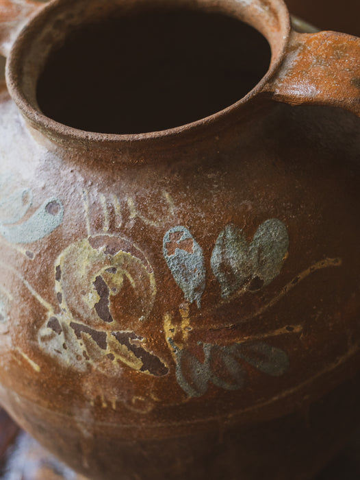 Large Eastern European Peasant Pot 2 - Part Glazed Brown & Pale Blue