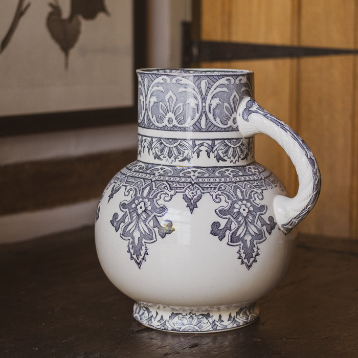 Antique French Longchamp Ironstone Pitcher Vase with  Deep Blue / Grey / Black Transferware