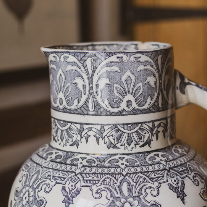 Antique French Longchamp Ironstone Pitcher Vase with  Deep Blue / Grey / Black Transferware