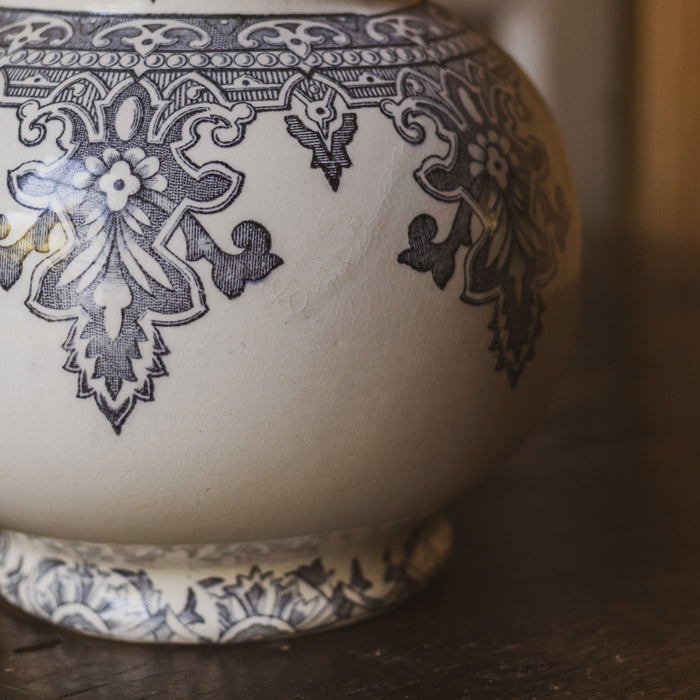 Antique French Longchamp Ironstone Pitcher Vase with  Deep Blue / Grey / Black Transferware