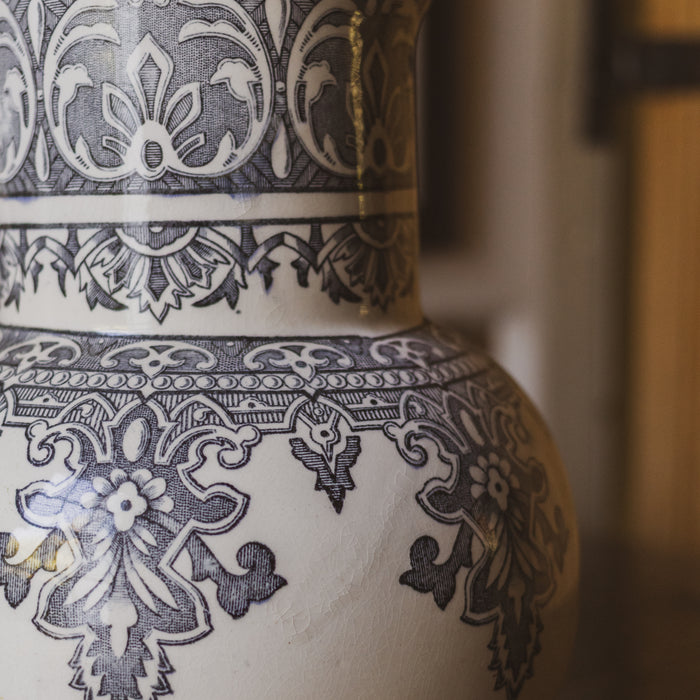 Antique French Longchamp Ironstone Pitcher Vase with  Deep Blue / Grey / Black Transferware