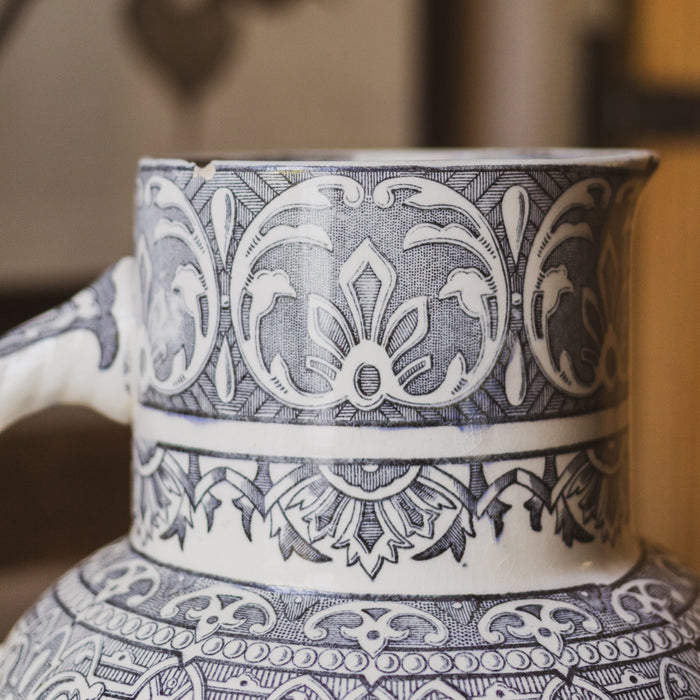 Antique French Longchamp Ironstone Pitcher Vase with  Deep Blue / Grey / Black Transferware