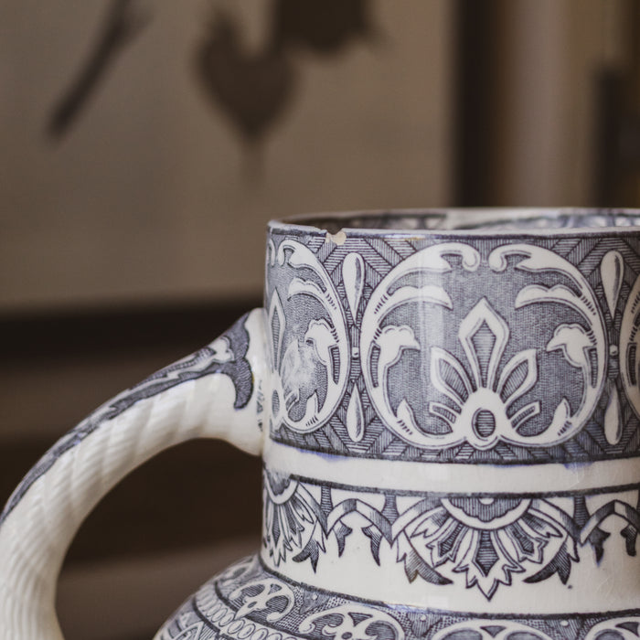 Antique French Longchamp Ironstone Pitcher Vase with  Deep Blue / Grey / Black Transferware